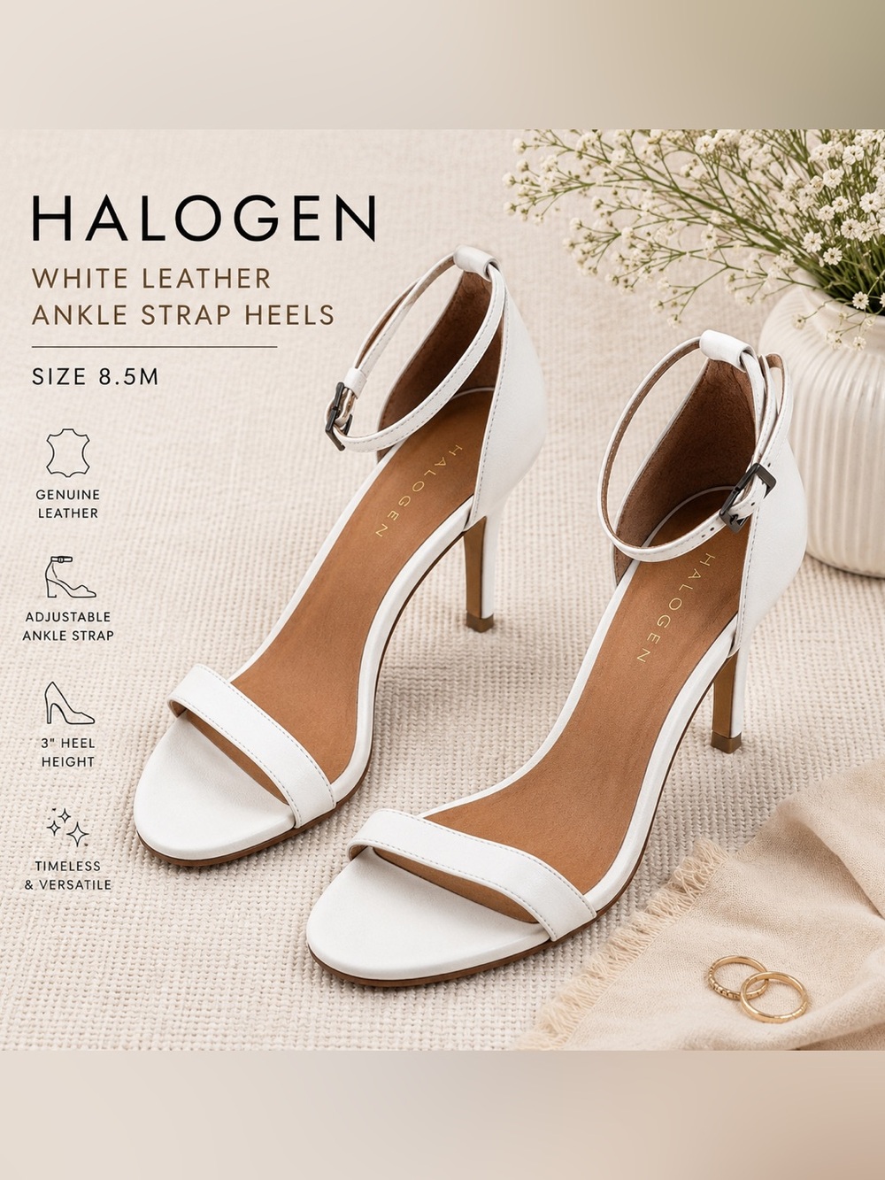 Halogen White Leather Ankle Strap Heels Size 8.5M Classic Minimalist